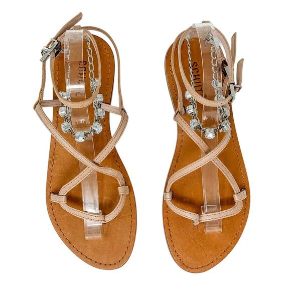 SCHUTZ Crystal Embellished Leather Strappy Thong Sandals size 7B Neutral Boho - Picture 2 of 12